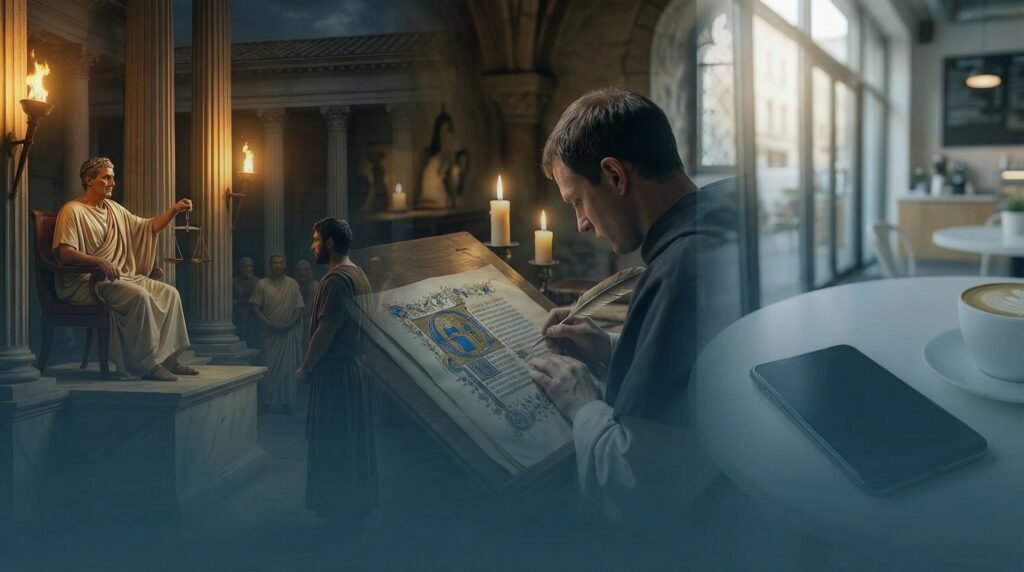 Origem da palavra verdade — da Roma antiga à era digital: balança da justiça, scriptorium medieval e fact-checking contemporâneo