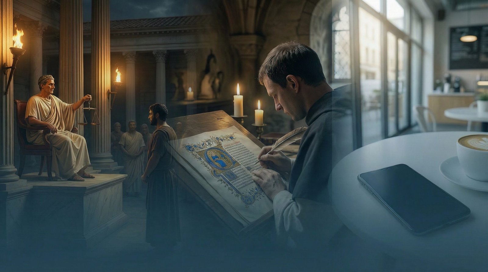 Origem da palavra verdade — da Roma antiga à era digital: balança da justiça, scriptorium medieval e fact-checking contemporâneo