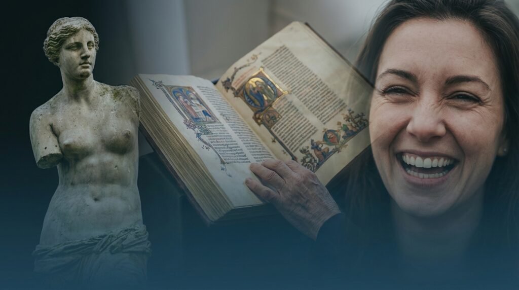 Origem da palavra alegria em capa fotorealista com tríptico de vivacidade humana, luz dourada e expressão de contentamento