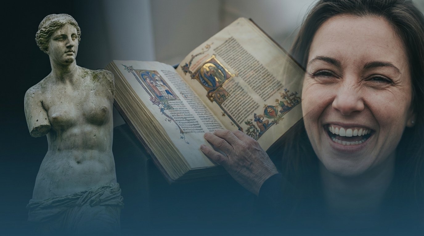 Origem da palavra alegria em capa fotorealista com tríptico de vivacidade humana, luz dourada e expressão de contentamento