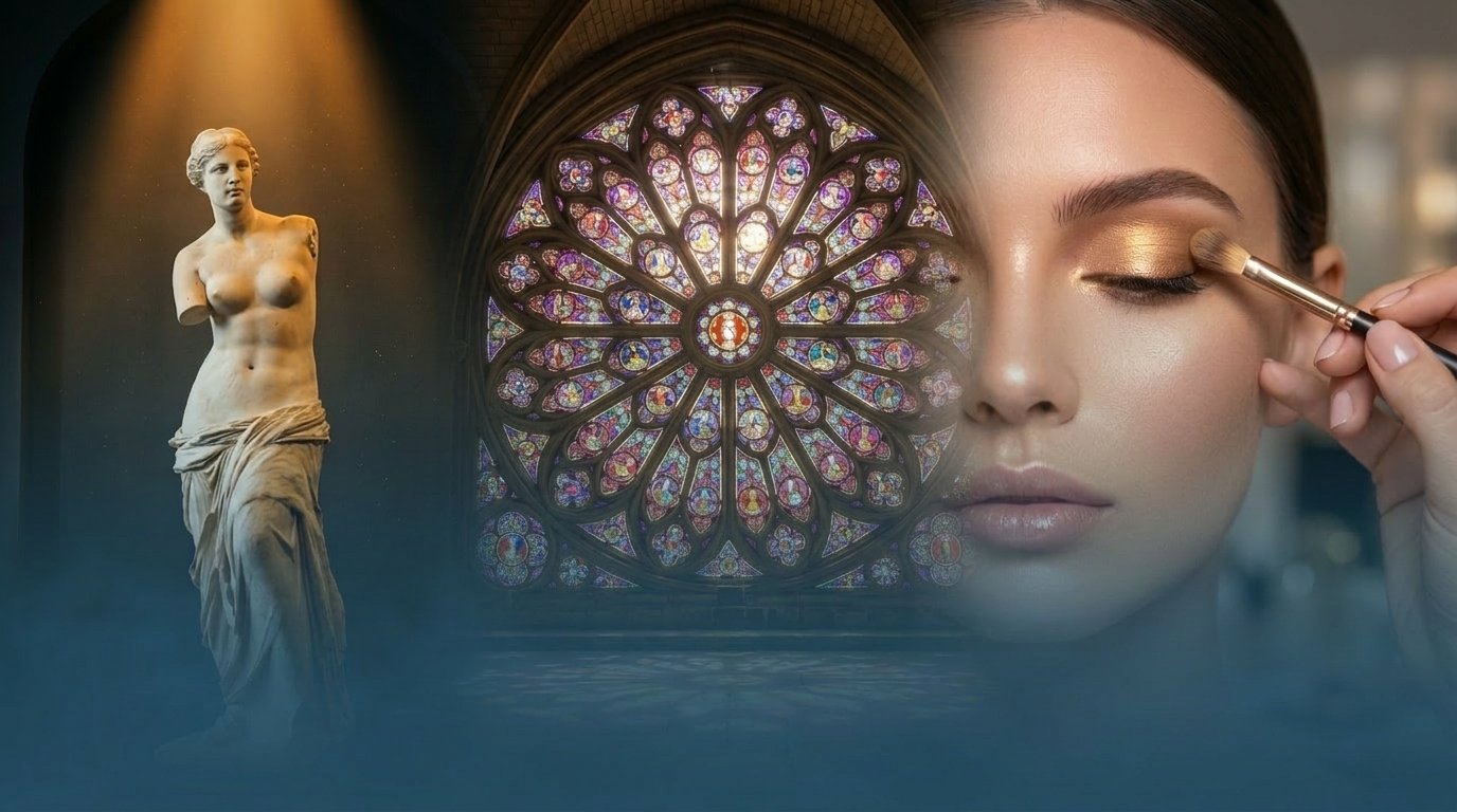 Origem da palavra beleza em capa com arte clássica, vitral e estética contemporânea