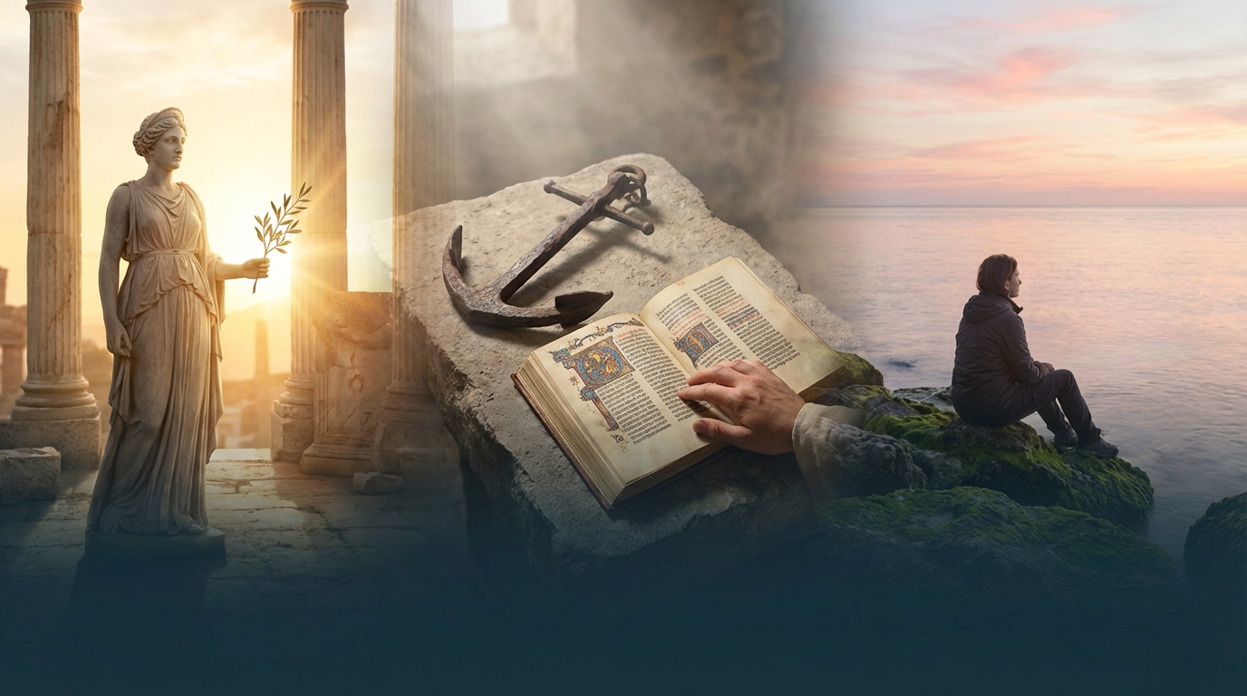 Origem da palavra esperança em capa editorial com alegoria clássica, símbolo da âncora e vigília contemporânea