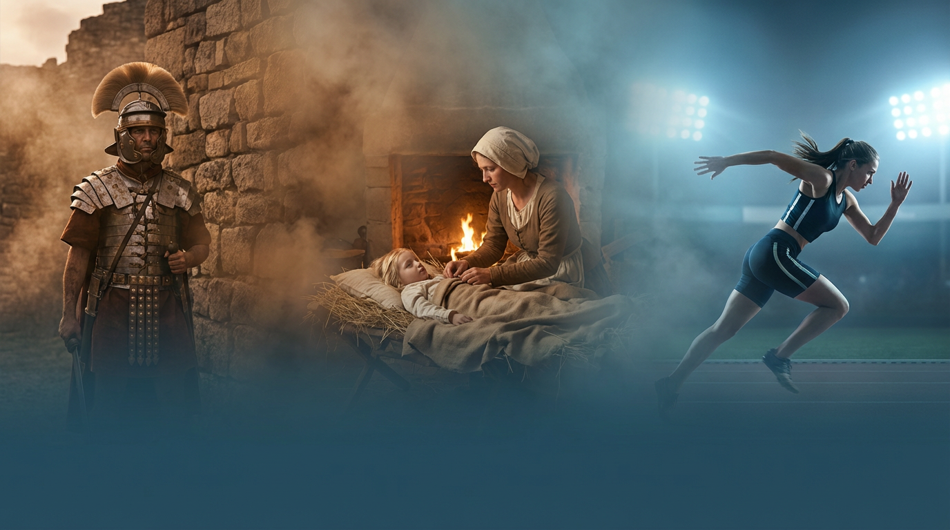 Origem da palavra força em capa fotorealista com muralha romana, gesto de conforto e esforço atlético