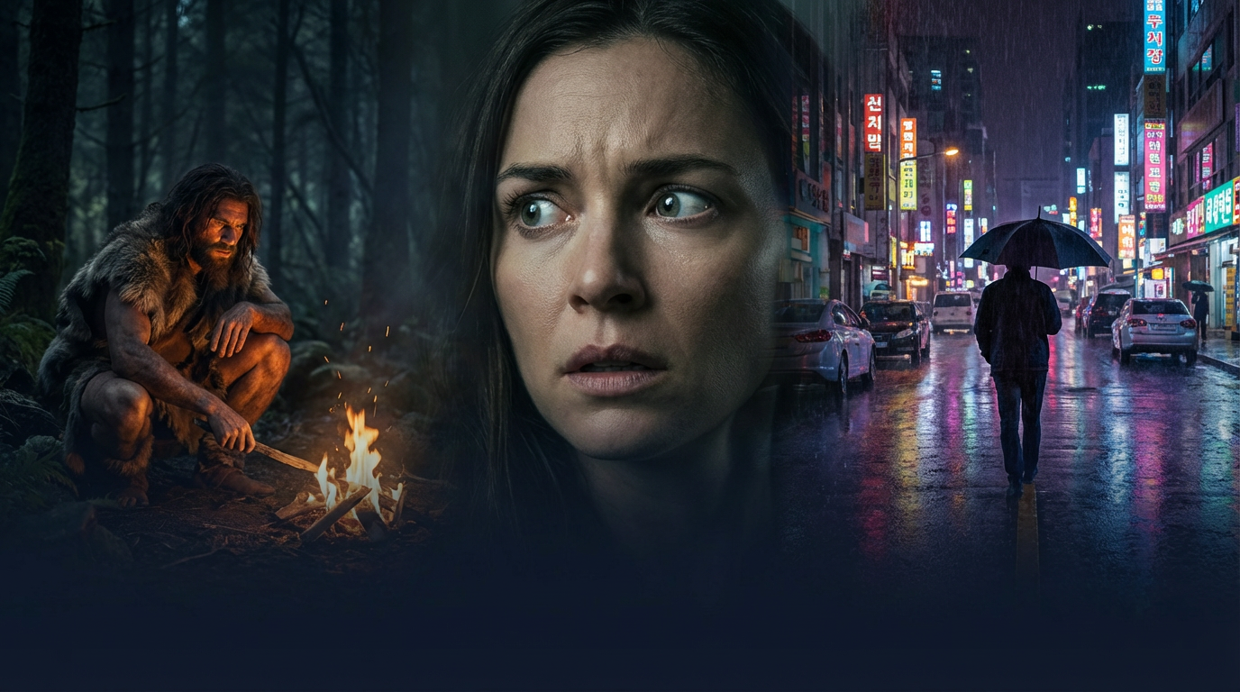 Origem da palavra medo em capa fotorealista com tríptico de medo ancestral, tensão humana e ansiedade contemporânea