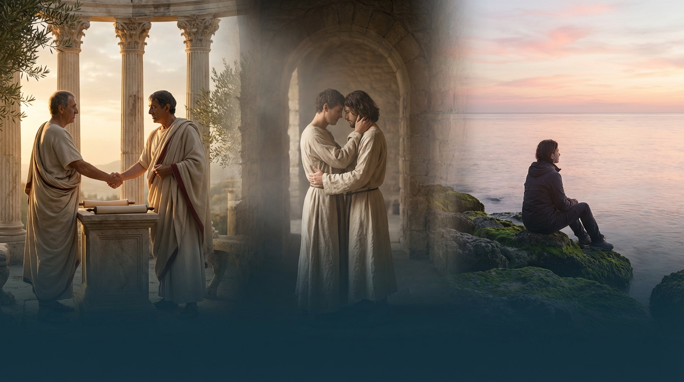 Origem da palavra paz em capa fotorealista com tratado romano, reconciliação humana e serenidade contemporânea