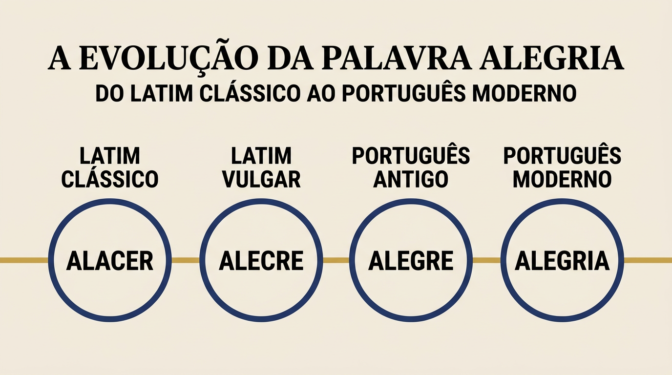 Origem da palavra alegria em linha do tempo visual da passagem de alacer para alegre e alegria