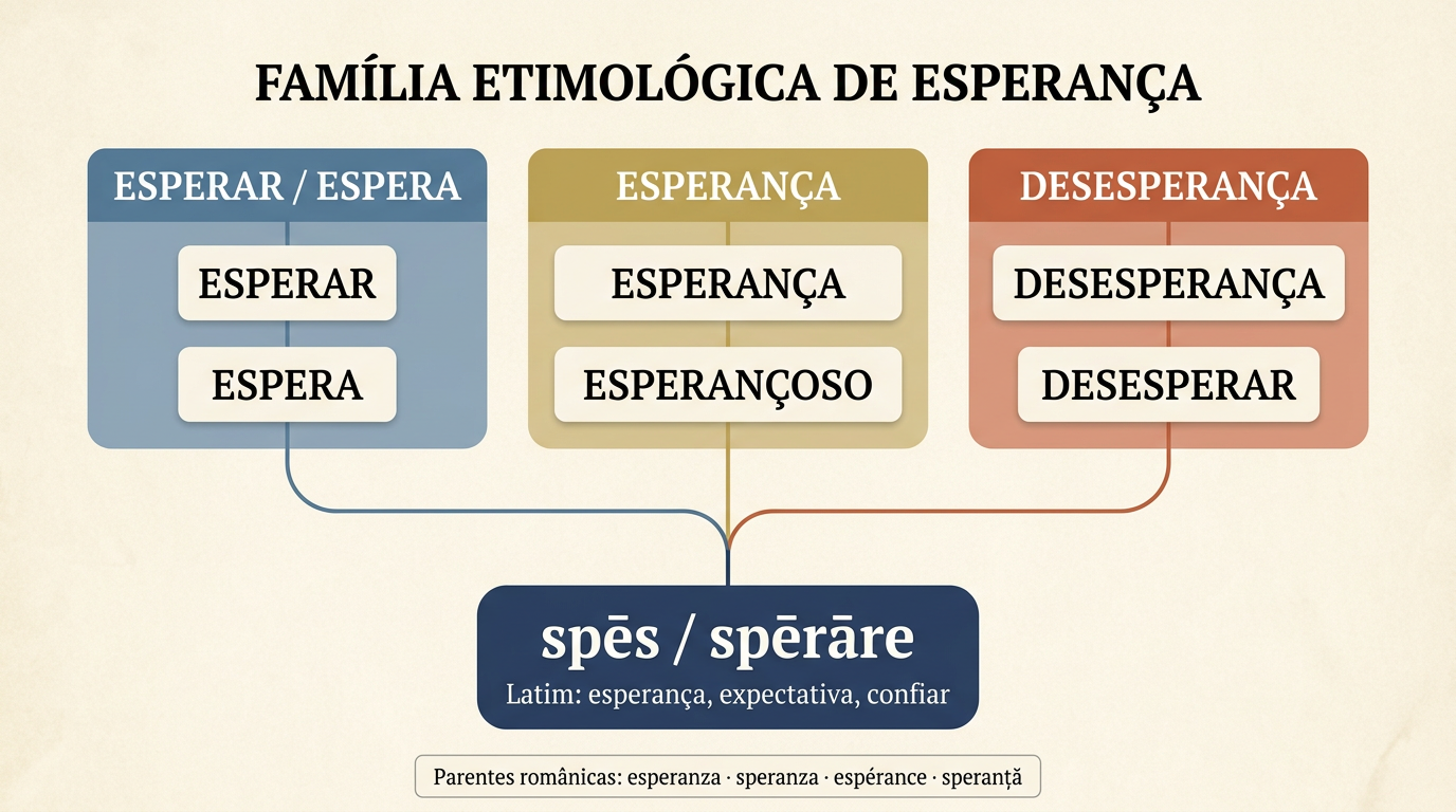 Árvore etimológica da origem da palavra esperança com spes, sperare, esperar e desesperança