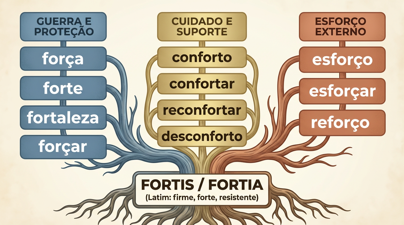 Árvore etimológica da origem da palavra força com fortis, conforto, esforço e fortaleza