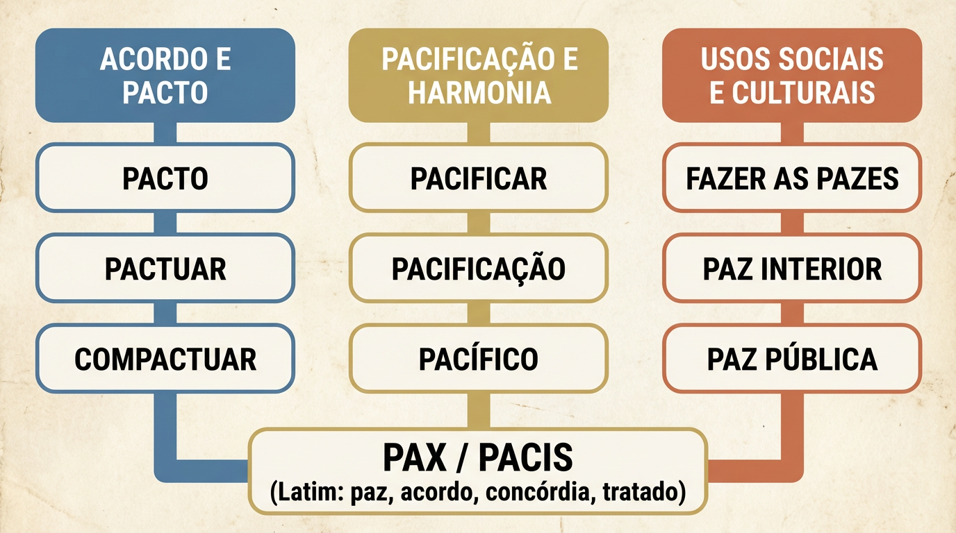 Árvore etimológica da origem da palavra paz com pax, pacto, pacificar e pacífico