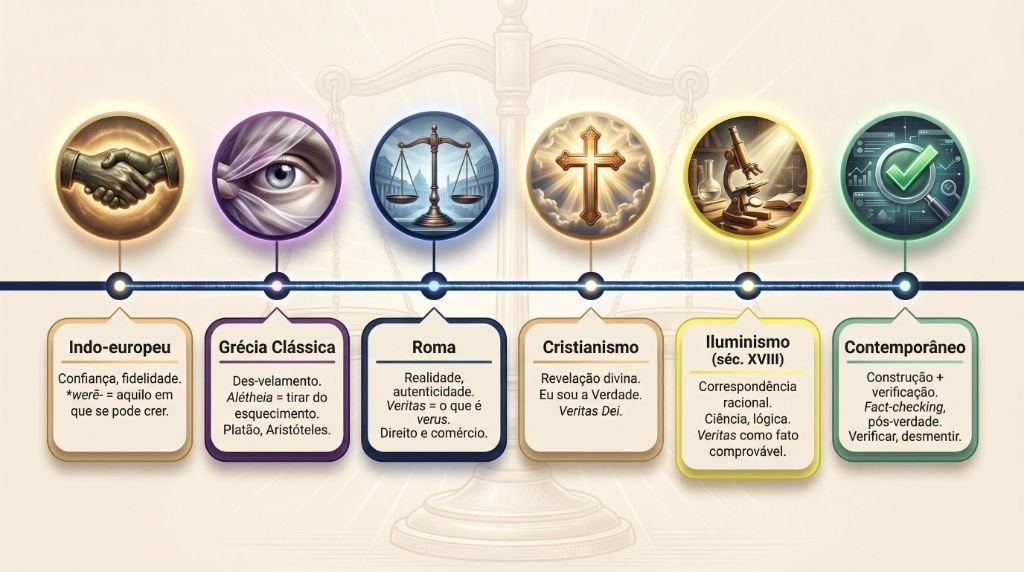 Linha do tempo da origem da palavra verdade: do proto-indo-europeu ao contemporâneo, passando por Grécia, Roma, Cristianismo e Iluminismo