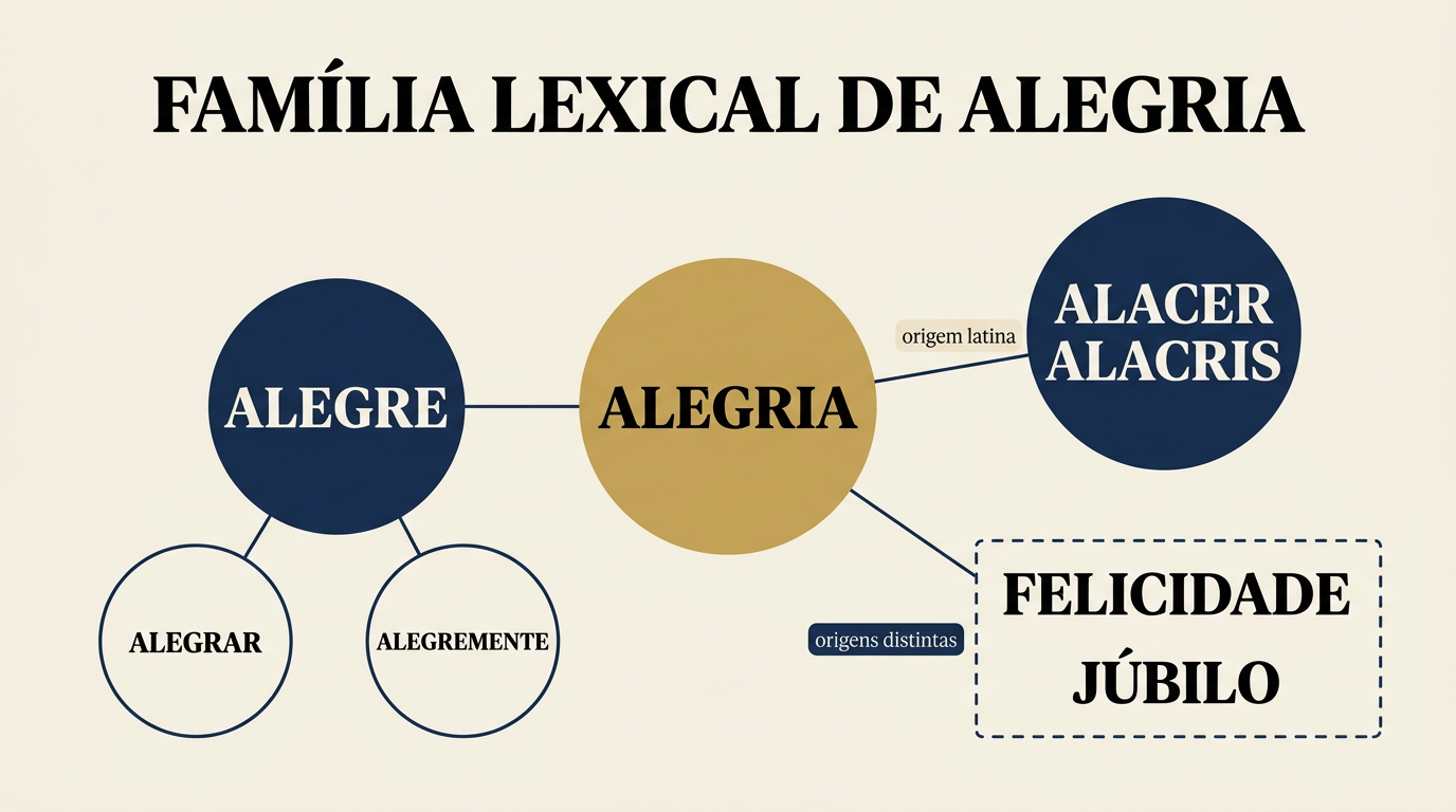 Origem da palavra alegria em mapa mental comparativo com alegre, alegrar, alacridade, felicidade e júbilo