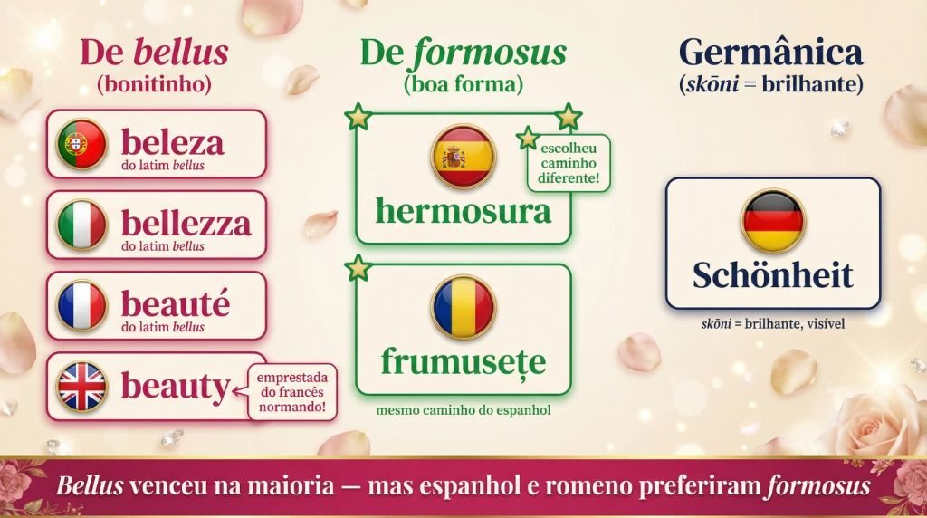 Comparação da palavra beleza em português, espanhol, francês, italiano e inglês