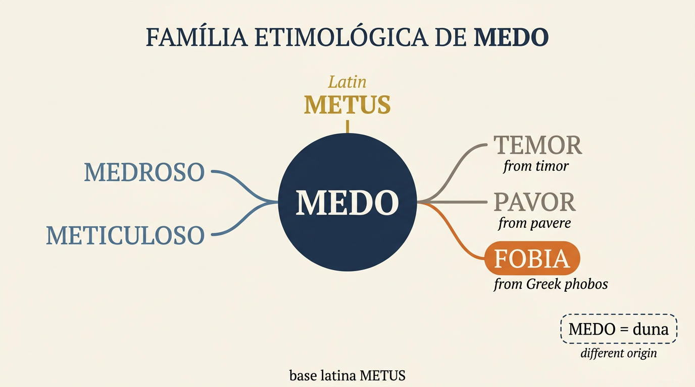 Origem da palavra medo em diagrama comparativo com metus, miedo, temor, pavor e fobia