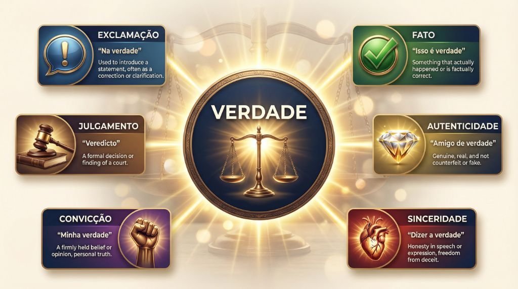Contextos de uso da palavra verdade em português: fato, sinceridade, autenticidade, convicção, julgamento e exclamação