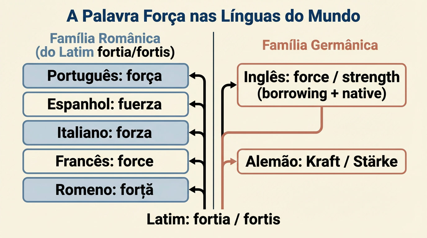 Origem da palavra força comparada em português, espanhol, italiano, francês, inglês, romeno e alemão
