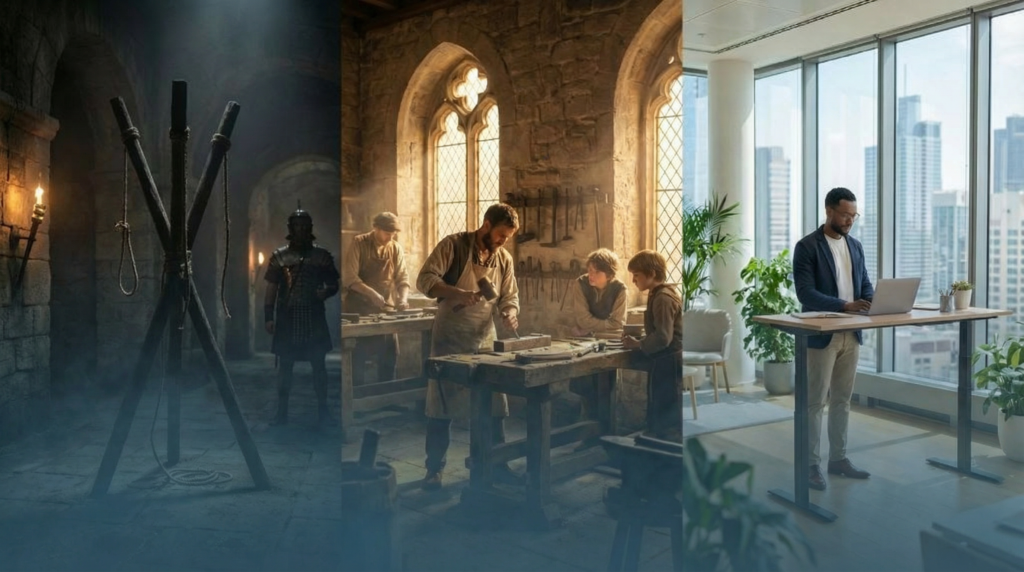 Tríptico histórico ilustrando a evolução da palavra trabalho: tripalium romano, oficina medieval e escritório moderno