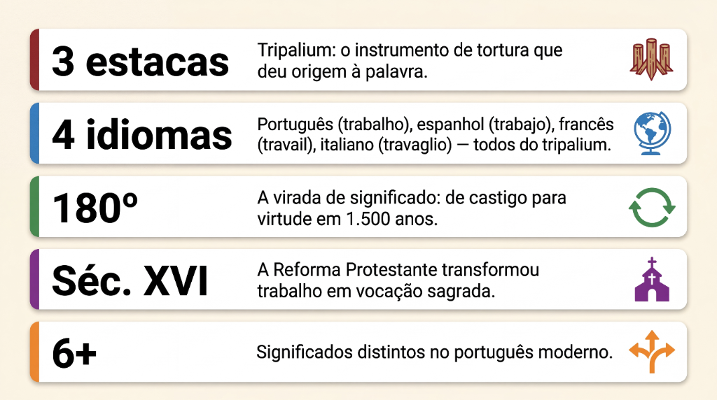 Infográfico com cinco curiosidades sobre a origem da palavra trabalho e sua etimologia latina do tripalium