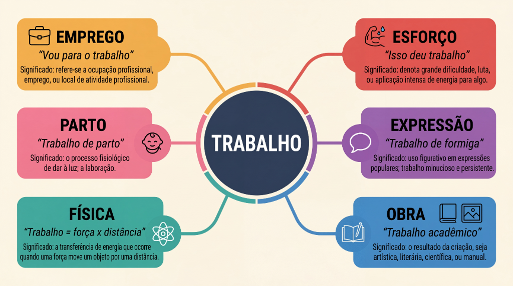 Diagrama radial com os seis significados da origem da palavra trabalho no português moderno: emprego, esforço, obra intelectual, física, medicina e expressão idiomática