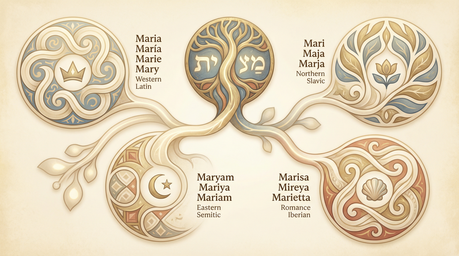 Árvore editorial de variantes do nome Maria com formas como Miryam, Maria, María, Marie, Mary e Maryam