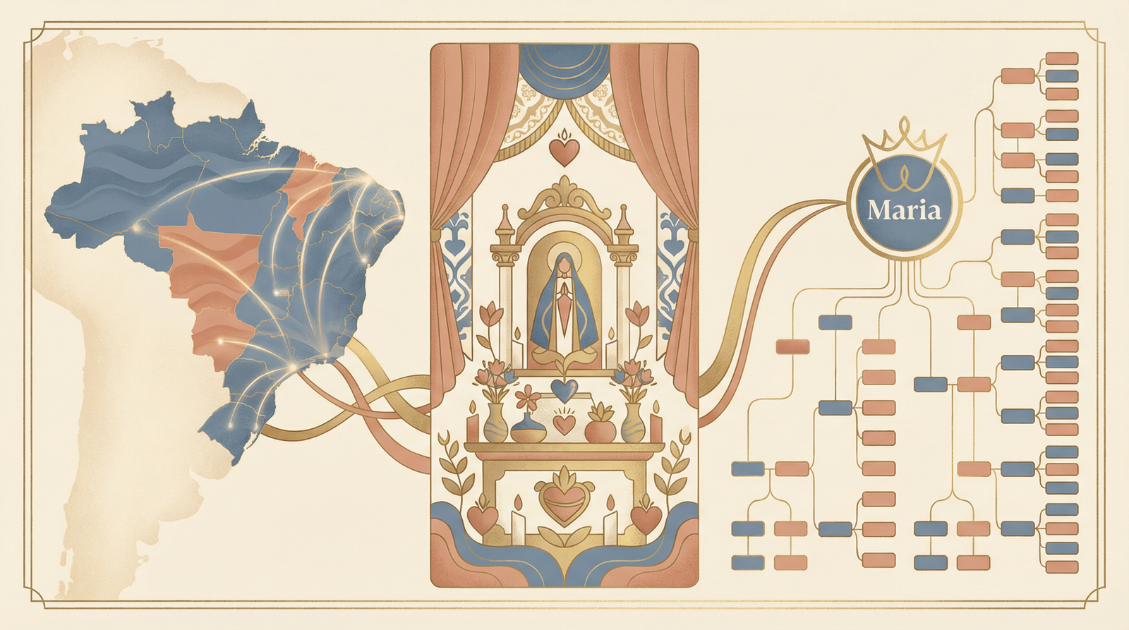 Painel editorial sobre a presença do nome Maria no Brasil com frequência histórica, cultura popular e nomes compostos