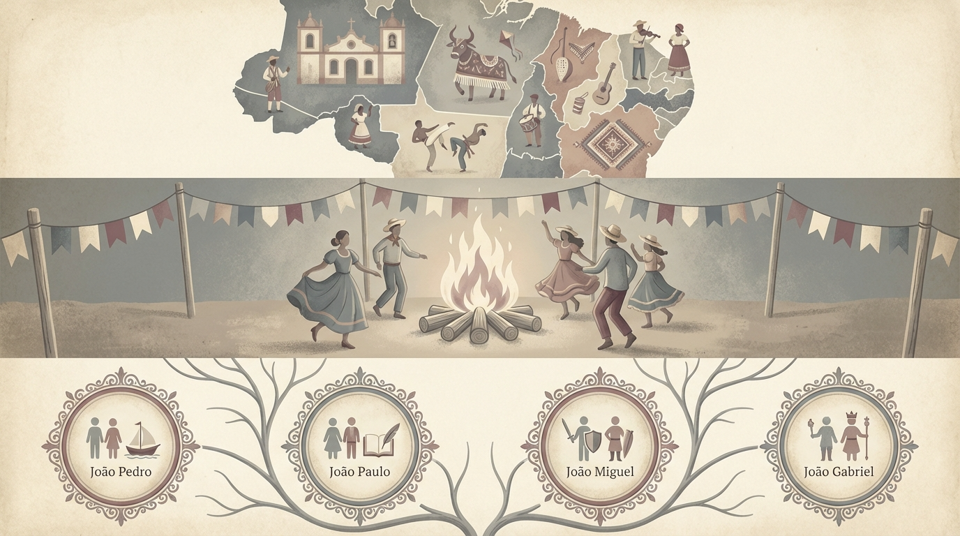 Painel sobre o significado do nome João no Brasil com tradição cultural, nomes compostos e presença histórica