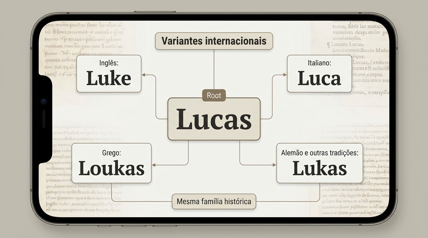 Quadro editorial das variantes internacionais do significado do nome Lucas, com núcleo central e grupos amplos de formas relacionadas.