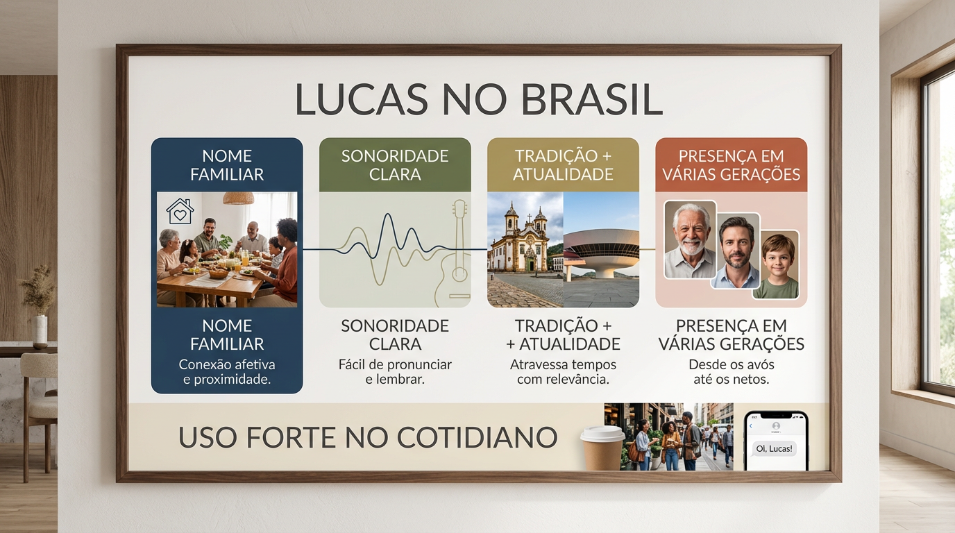 Quadro editorial sobre o significado do nome Lucas no Brasil, com presença cultural ampla, circulação social e leitura clara em mobile.