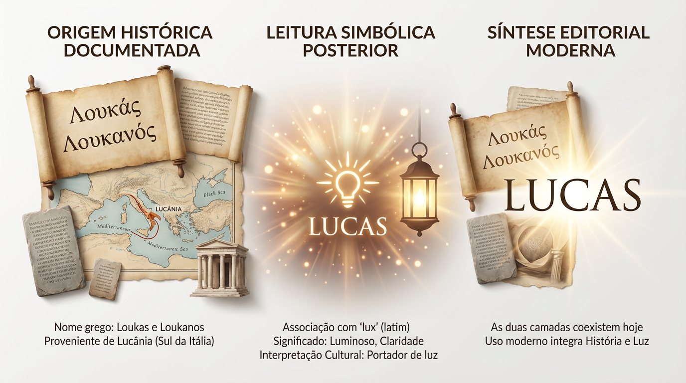 Diagrama editorial sobre o significado do nome Lucas, distinguindo a origem documentada ligada à Lucânia da leitura simbólica associada à luz.