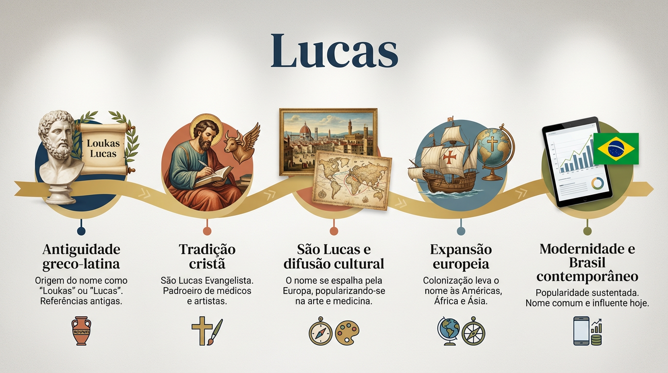 Linha do tempo editorial do significado do nome Lucas, da Antiguidade à tradição cristã, à difusão internacional e ao Brasil contemporâneo.