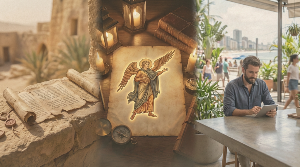 Capa editorial panorâmica sobre o significado do nome Gabriel, unindo origem antiga, tradição religiosa e presença contemporânea no Brasil em transição suave.