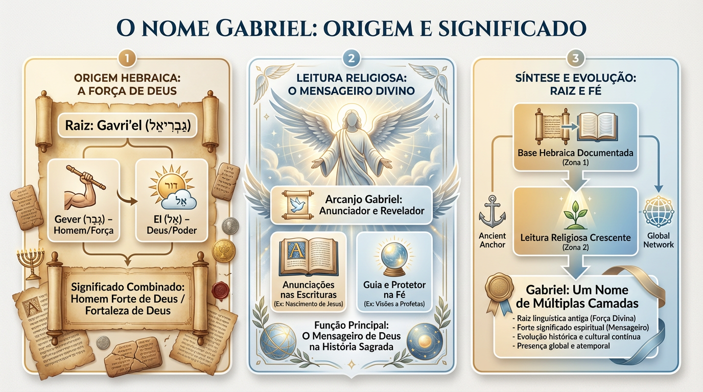 Origem hebraica e leitura religiosa do nome Gabriel Diagrama editorial sobre o significado do nome Gabriel, distinguindo a origem hebraica do nome da leitura religiosa ligada ao mensageiro divino.
