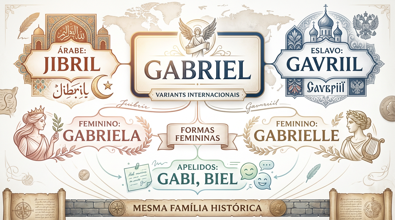 Família internacional de variantes do nome Gabriel Quadro editorial das variantes internacionais do significado do nome Gabriel, com núcleo central e grupos amplos de formas relacionadas.