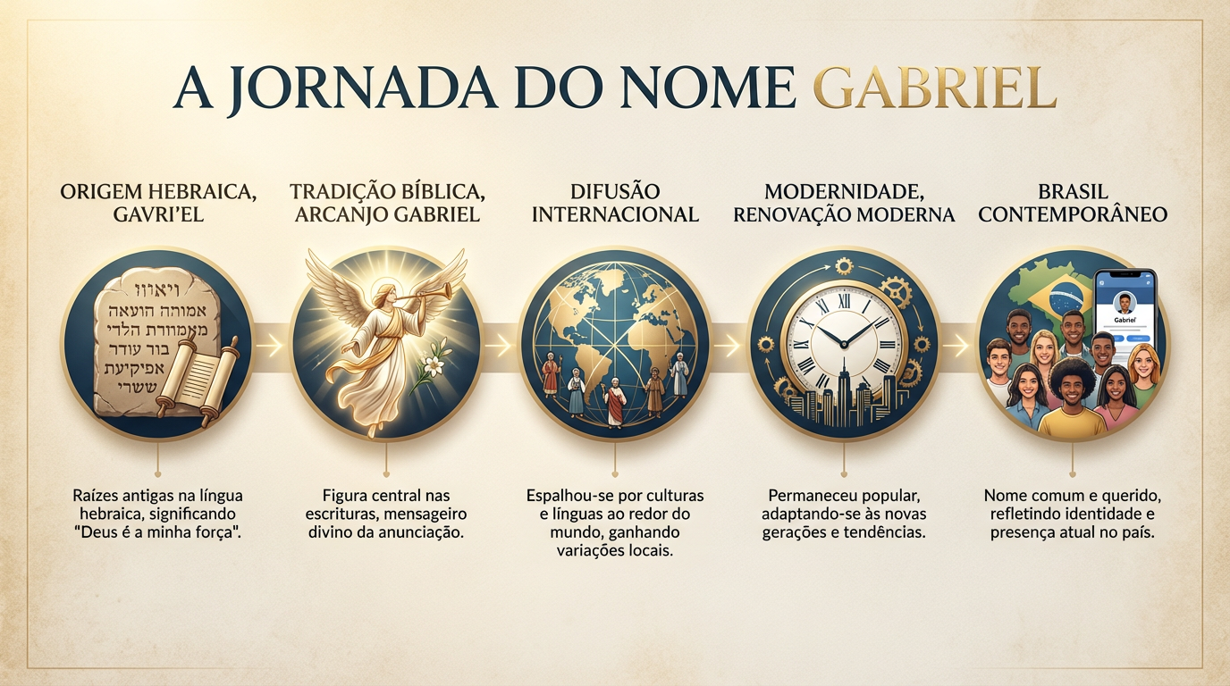Jornada histórica do nome Gabriel — da Antiguidade ao Brasil Linha do tempo editorial do significado do nome Gabriel, da tradição hebraica e bíblica à difusão internacional e ao Brasil contemporâneo.