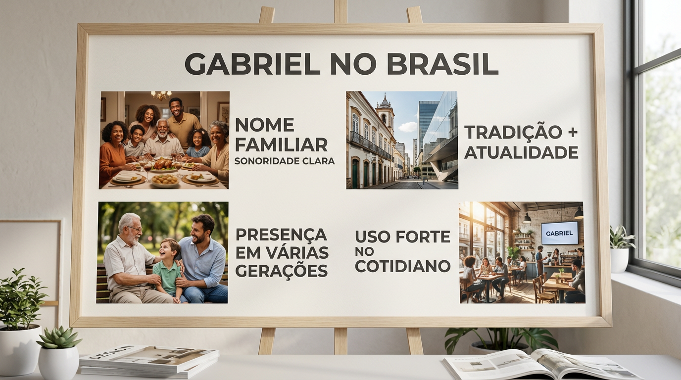 Gabriel no Brasil — presença cultural e circulação contemporânea Quadro editorial sobre o significado do nome Gabriel no Brasil, com presença cultural ampla, circulação social e leitura clara em mobile.
