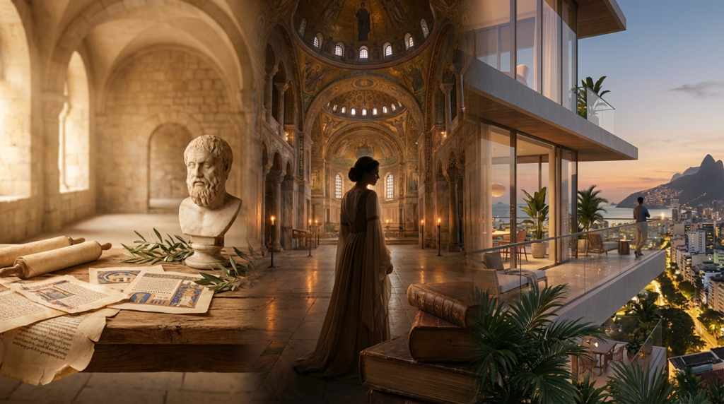 Capa editorial panorâmica sobre o significado do nome Sofia, unindo sabedoria grega, difusão histórica europeia e presença contemporânea no Brasil em transição suave.