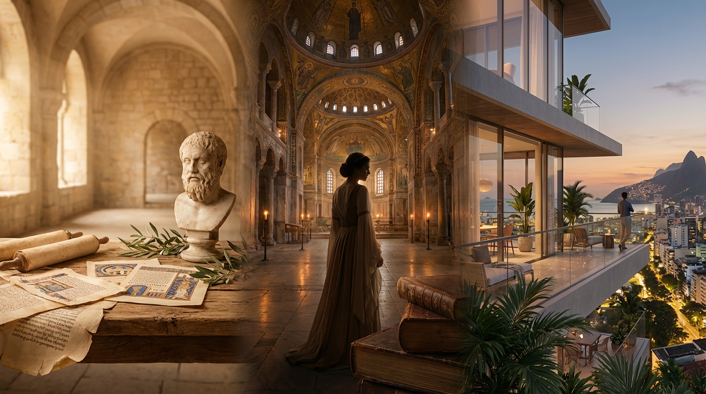 Capa editorial panorâmica sobre o significado do nome Sofia, unindo sabedoria grega, difusão histórica europeia e presença contemporânea no Brasil em transição suave.