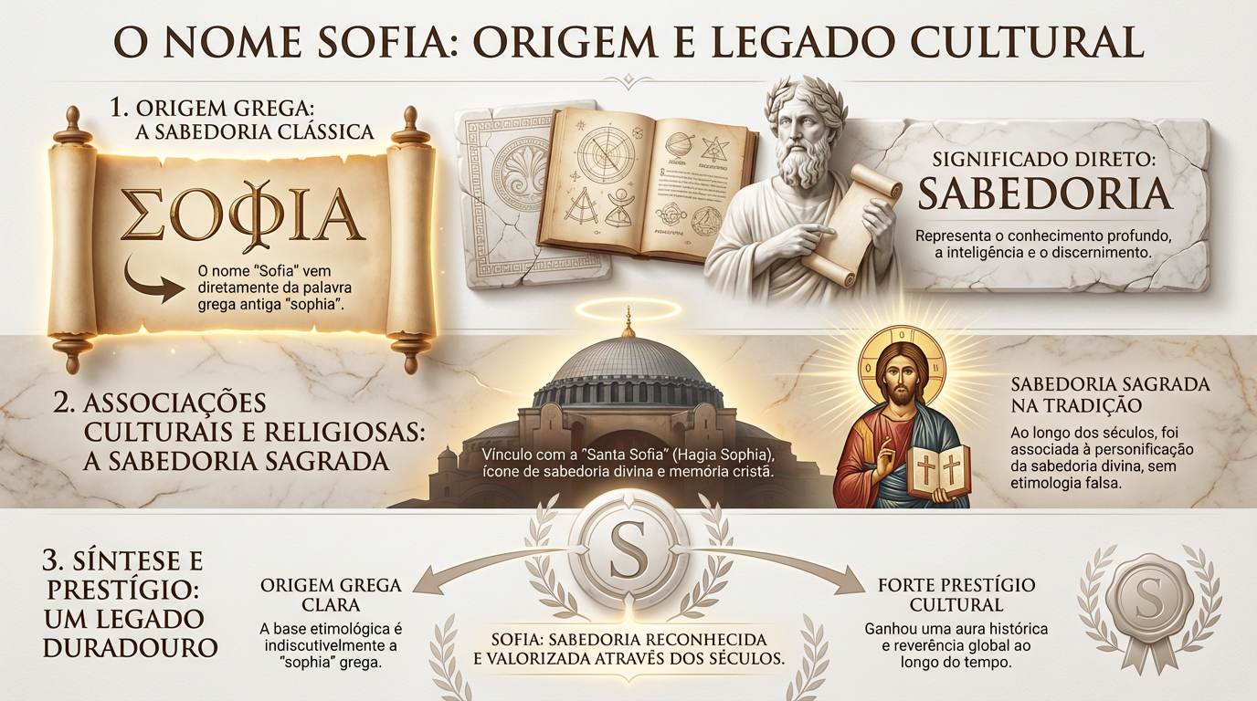 Origem grega e camadas culturais do nome Sofia Diagrama editorial sobre o significado do nome Sofia, distinguindo a origem grega ligada à sabedoria das camadas culturais e religiosas associadas ao nome.