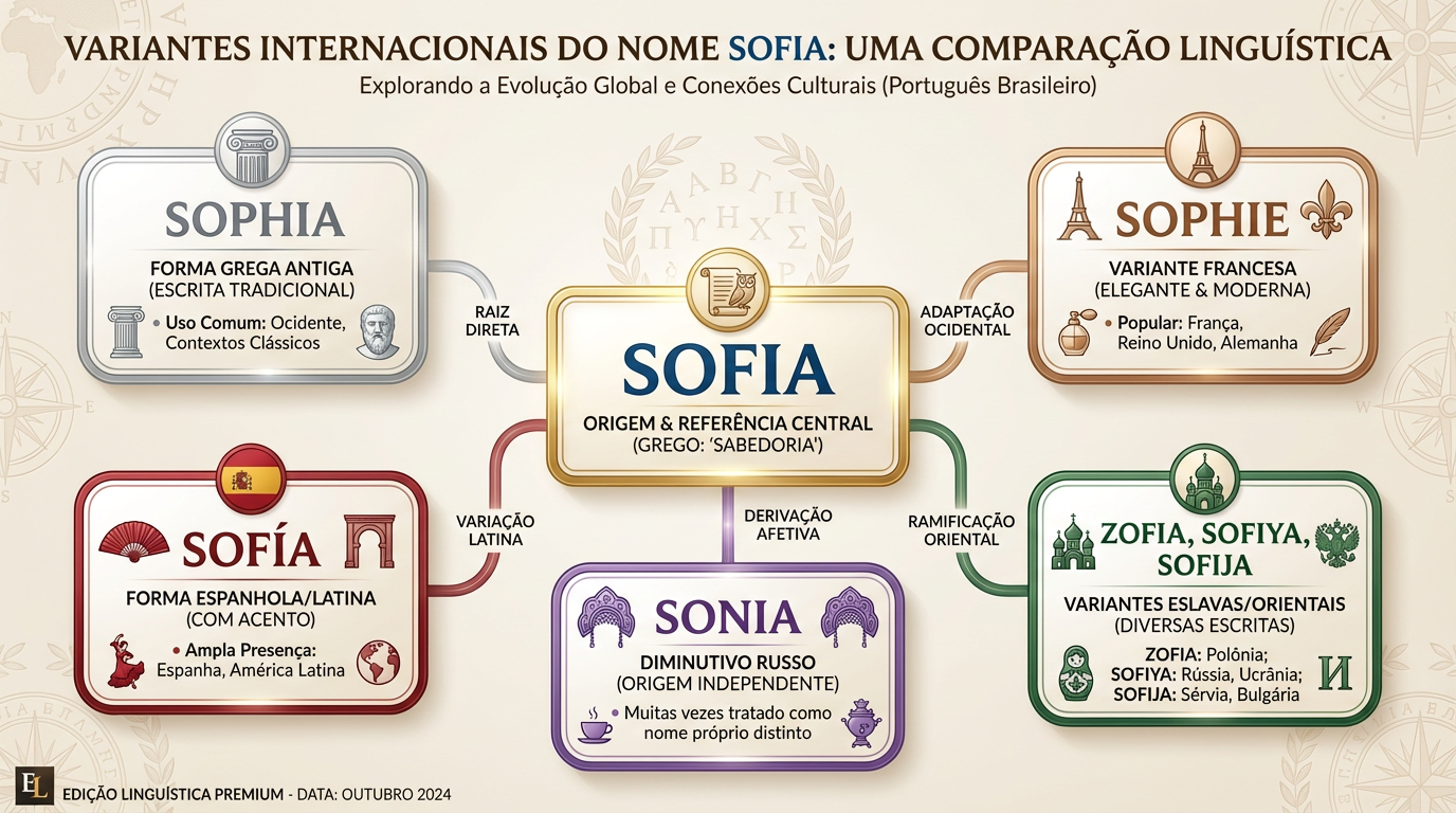Variantes internacionais do nome Sofia Quadro editorial das variantes internacionais do significado do nome Sofia, com núcleo central e grupos amplos de formas relacionadas.