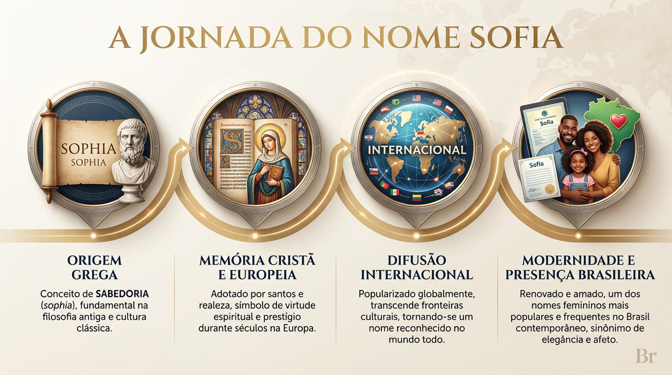 Linha do tempo da difusão histórica do nome Sofia Linha do tempo editorial do significado do nome Sofia, da origem grega à difusão europeia, à circulação internacional e ao Brasil contemporâneo.