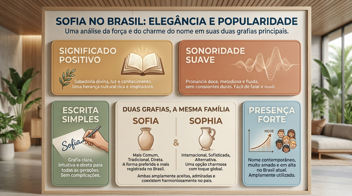 Sofia e Sophia no Brasil — quadro editorial comparativo Quadro editorial sobre o significado do nome Sofia no Brasil, comparando as grafias Sofia e Sophia com leitura clara em mobile.