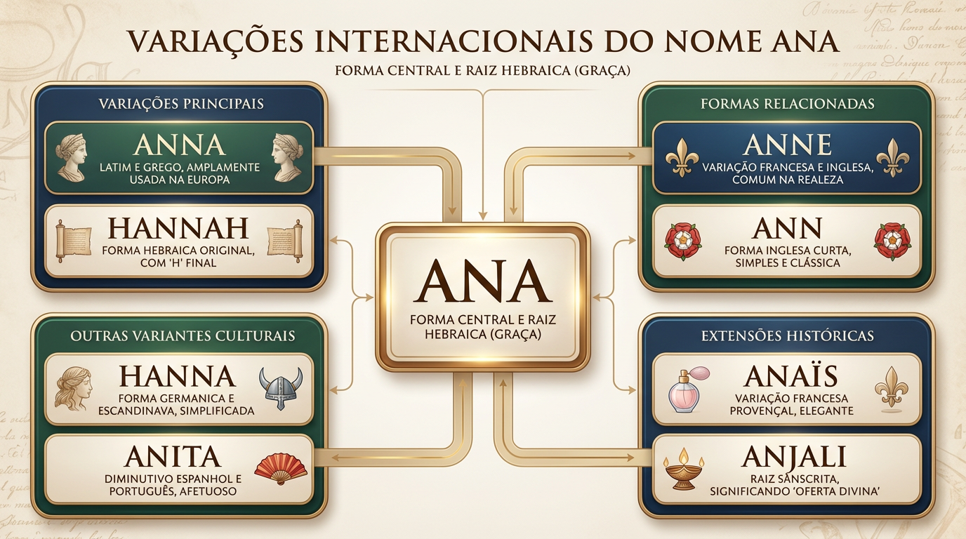 Variantes internacionais do nome Ana Quadro editorial das variantes internacionais do significado do nome Ana, com núcleo central e formas relacionadas da mesma família histórica.