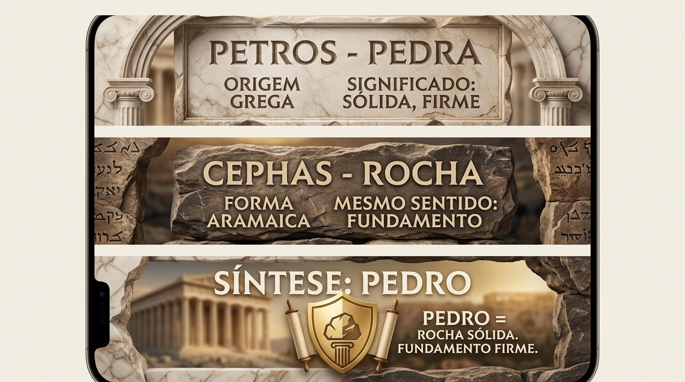 Diagrama conceitual — Petros, Cefas e Pedro Diagrama editorial sobre o significado do nome Pedro, mostrando a raiz grega Petros, o aramaico Cefas e a consolidação em português.
