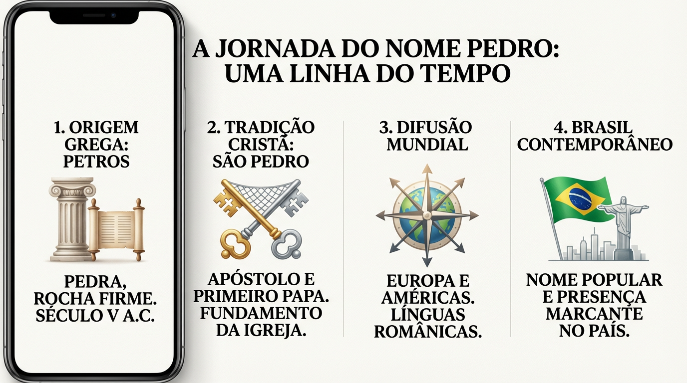 Linha do tempo da difusão histórica do nome Pedro Linha do tempo editorial do significado do nome Pedro, da raiz grega à tradição bíblica, à difusão internacional e ao Brasil contemporâneo.