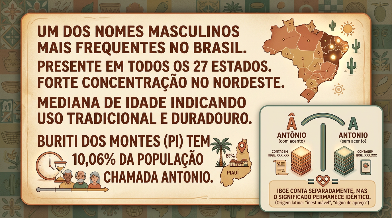Infográfico editorial com dados do IBGE sobre o significado do nome Antônio no Brasil: 2.241.094 registros, 5º nome mais comum, forte presença no Nordeste.
