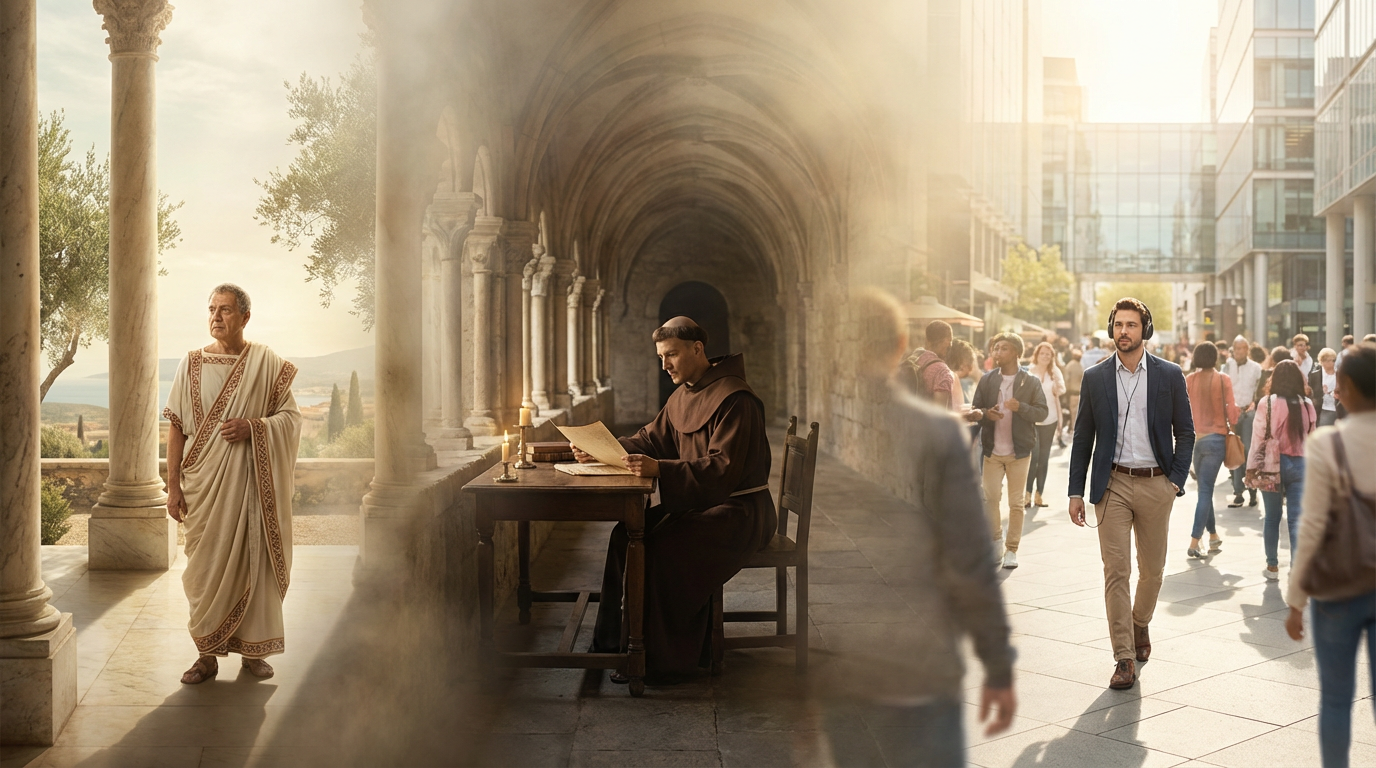 Capa editorial panorâmica sobre o significado do nome Antônio, com jornada temporal masculina em três núcleos integrados: origem romana, tradição cristã medieval e presença contemporânea no Brasil.