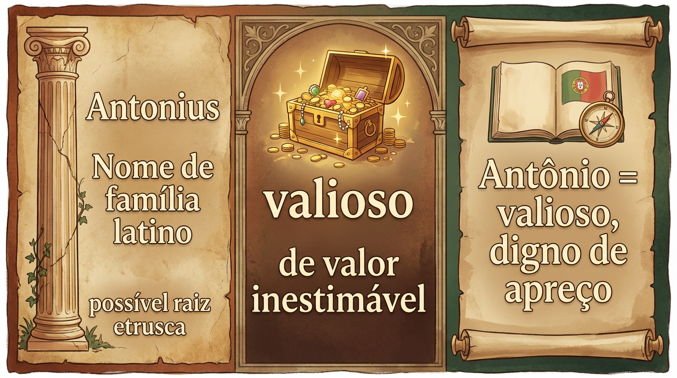 Diagrama editorial mostrando a formação etimológica do significado do nome Antônio: Antonius (latim, provável raiz etrusca) com o sentido de valioso e inestimável.
