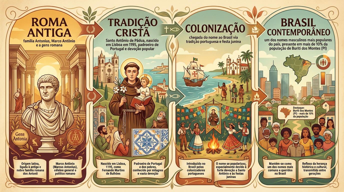 Linha do tempo editorial sobre a difusão histórica do significado do nome Antônio, da Roma Antiga ao Brasil contemporâneo.