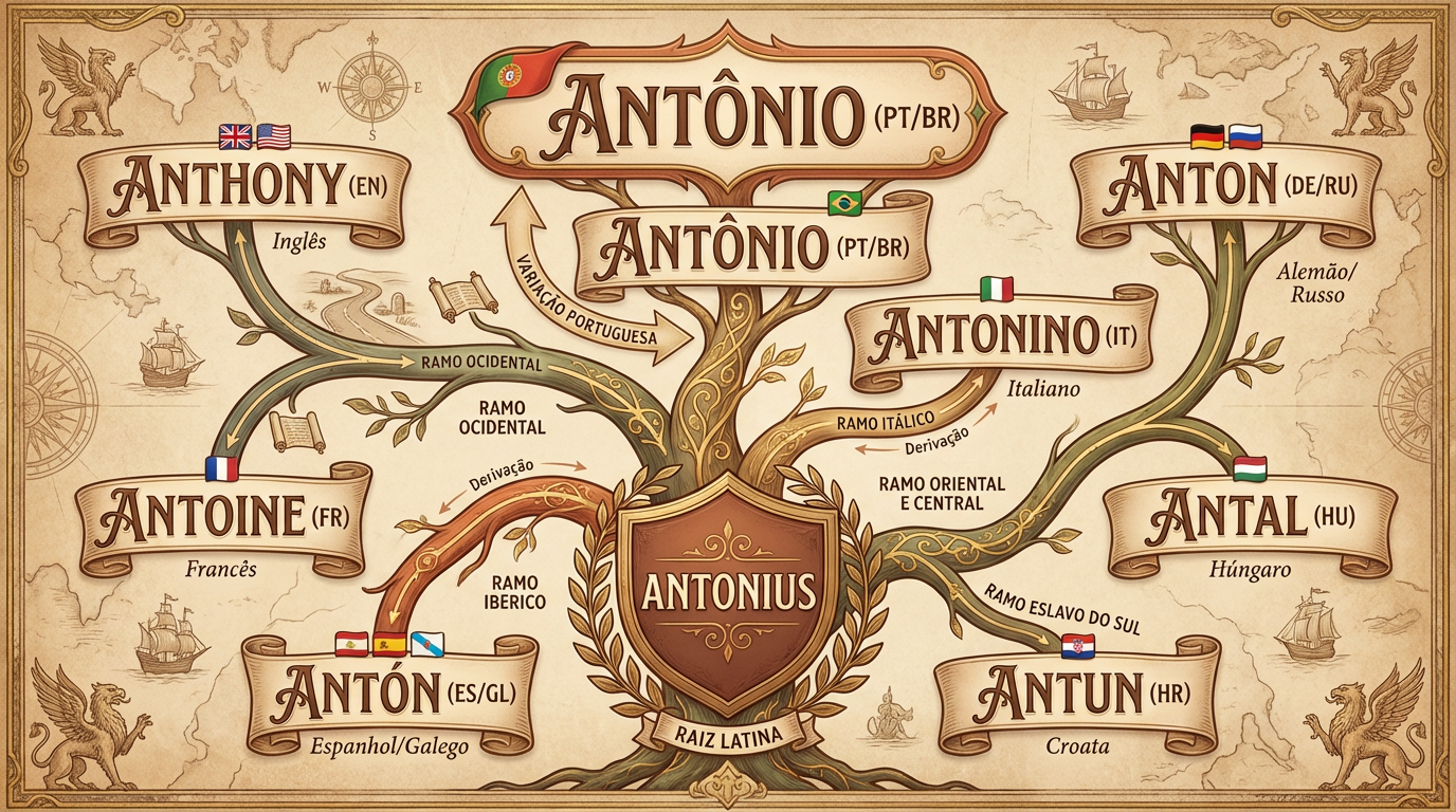 Quadro editorial das variantes internacionais do significado do nome Antônio, incluindo Anthony, Antoine, Anton, Antal, Antonino e Antun.