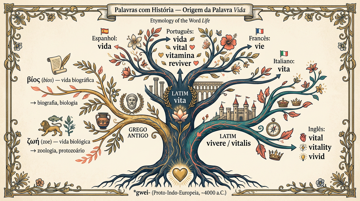 Árvore etimológica da palavra vida mostrando vita, vivere, vitalis e palavras relacionadas em português: vital, vitamina, vivaz, reviver, convívio