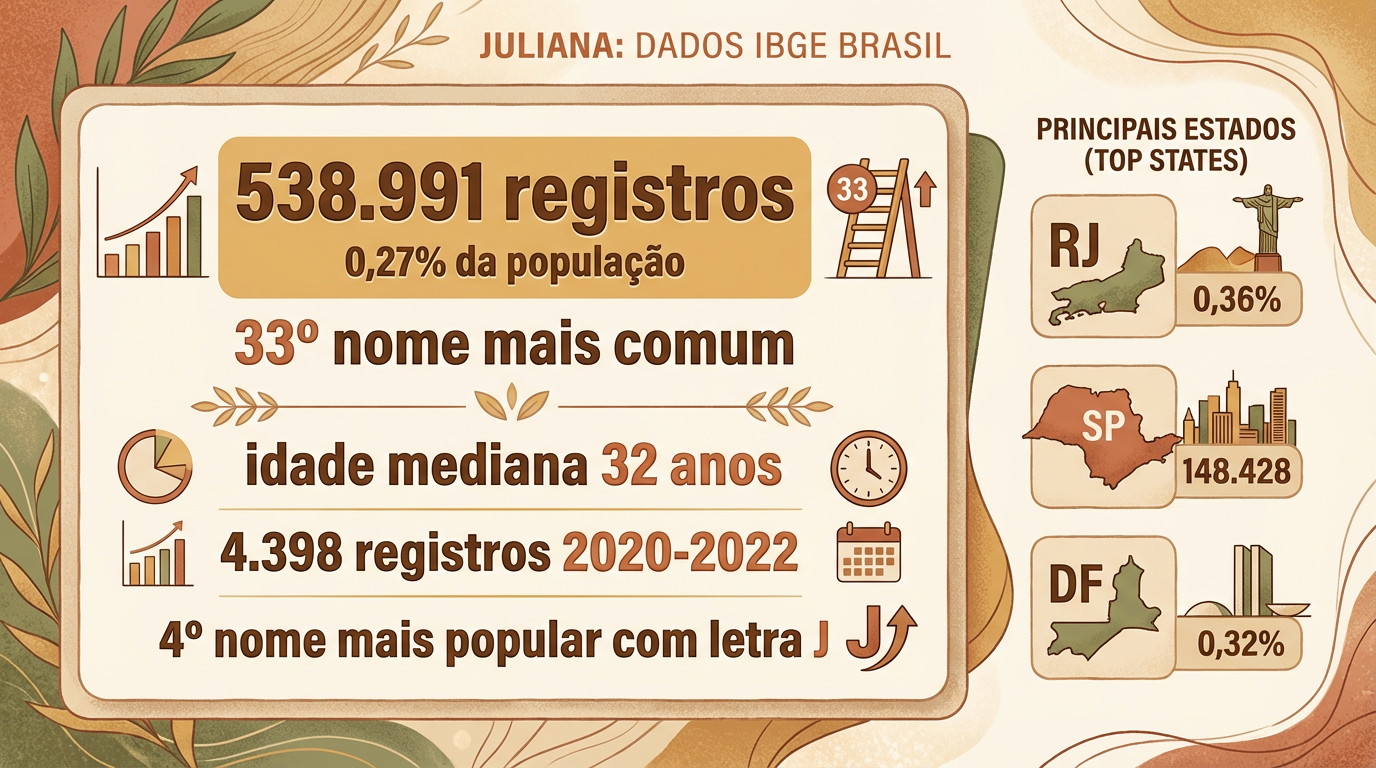 Juliana no Brasil — Dados IBGE Infográfico editorial com dados do IBGE sobre o significado do nome Juliana no Brasil: 538.991 registros, 33º nome, idade mediana 32 anos.